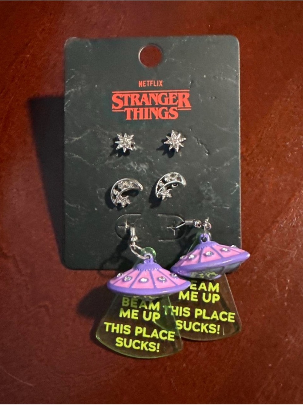 Stranger Things UFO Dangle Earrings Set - Purple & Neon Green
